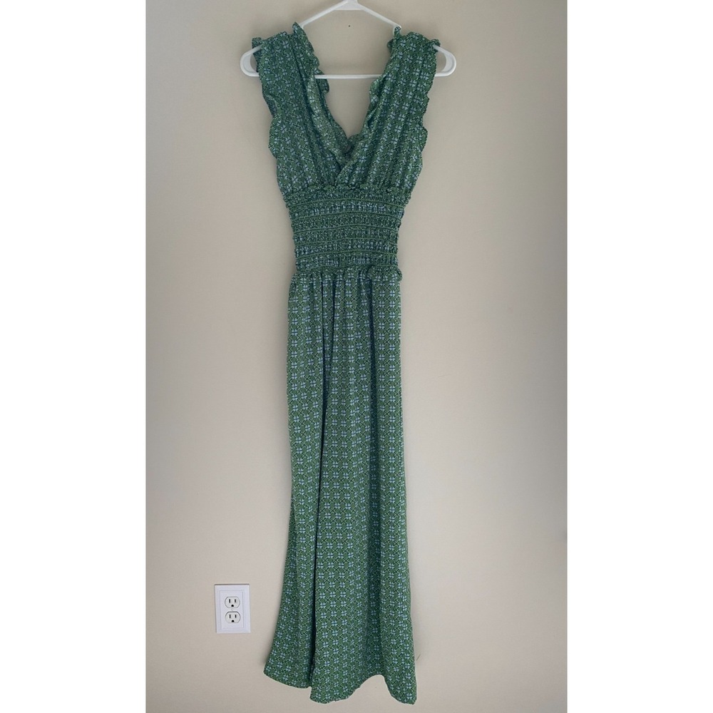 Max Studio Maxi Dress XS Green Floral Smocked Ruffle Sleeveless Boho Cottagecore